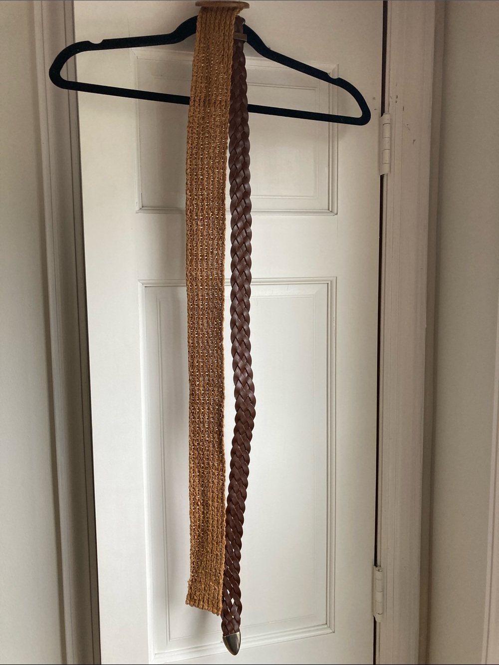 Woven Straw and Braided Brown Faux Leather Belt Set